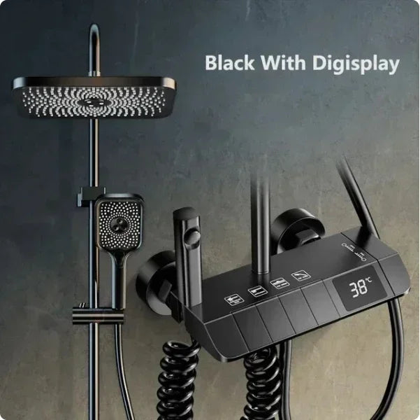 Bathroom Shower Faucet Set 4 Functions Digital Display Shower Thermostat Gray Black High Pressure Discharge Copper Taps