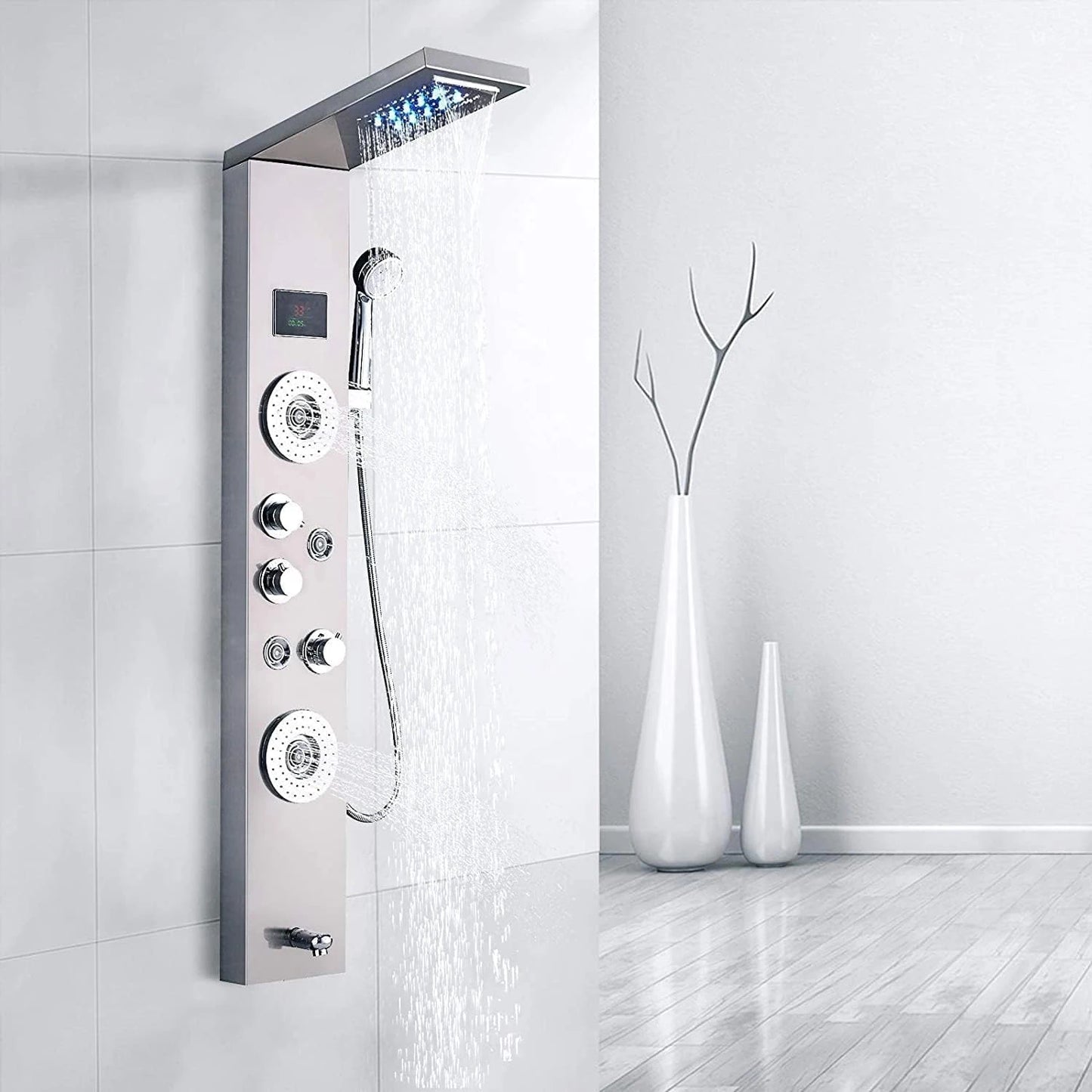 LED Shower Panel Waterfall Rain Digital Display Shower Faucet Set SPA Massage Jet Bathroom Column Mixer Tap Tower System