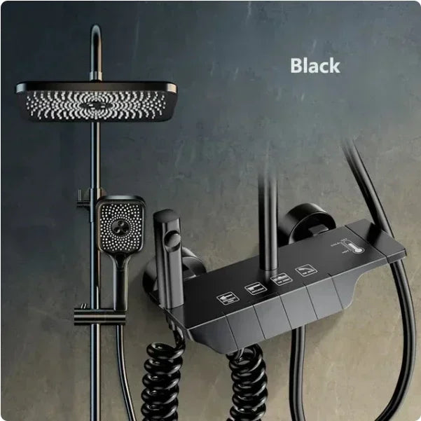 Bathroom Shower Faucet Set 4 Functions Digital Display Shower Thermostat Gray Black High Pressure Discharge Copper Taps