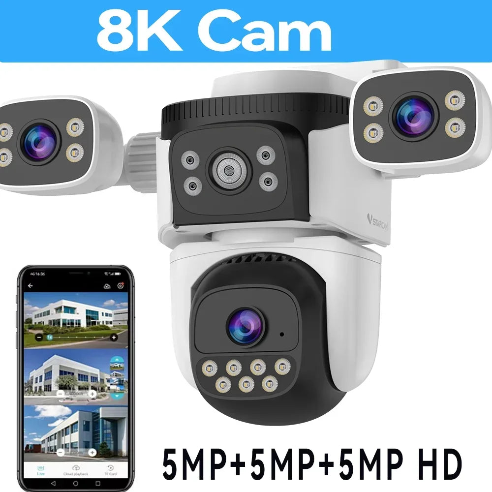 15MP UHD WiFi6 Camera 8K Three Screen Wireless Surveillance Cam Outdoor PTZ Auto Tracking Waterproof CCTV Security IP Camera