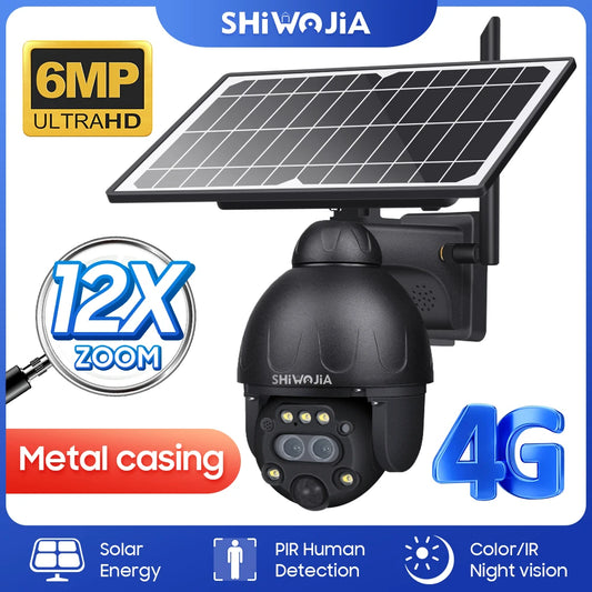 SHIWOJIA Outdoor Solar Camera 4G SIM GSM Wireless Security Black Detachable Solar Cam Battery CCTV Video Surveillance Phone