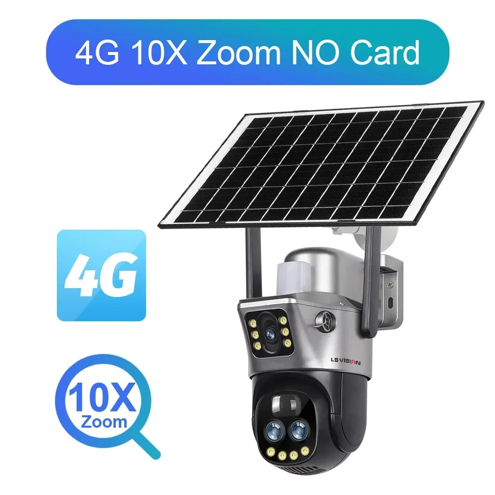 LS VISION 12MP Dual Screen 4G Solar Camera 10X Zoom Outdoor 6K WiFi PTZ Red Blue Light Alarm Auto Tracking CCTV Cameras V380 Pro