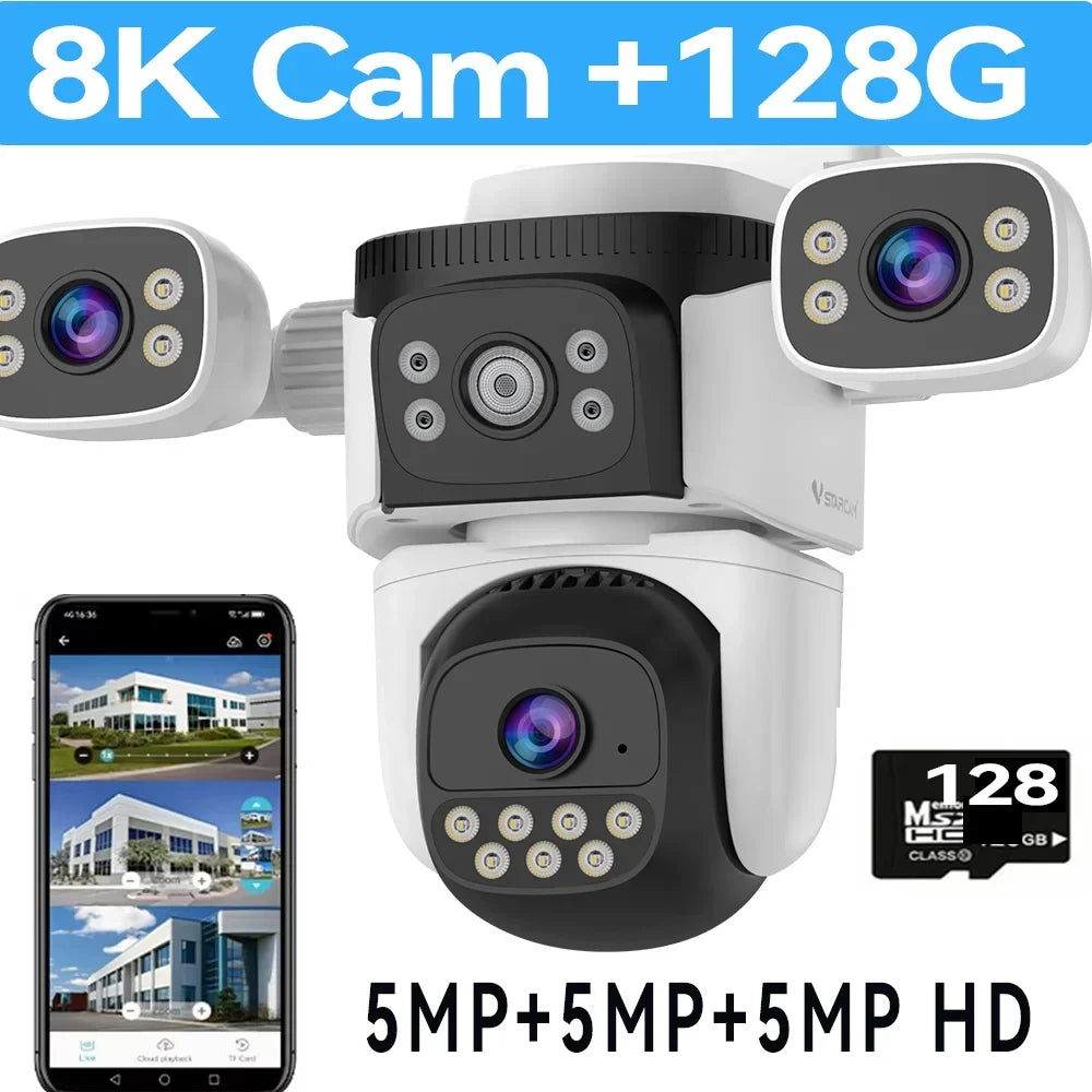 15MP UHD WiFi6 Camera 8K Three Screen Wireless Surveillance Cam Outdoor PTZ Auto Tracking Waterproof CCTV Security IP Camera