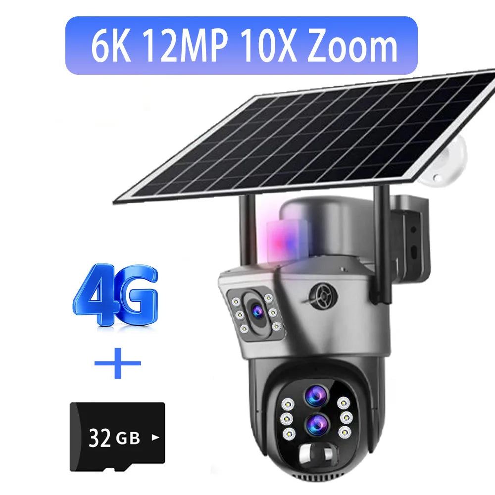 Solar Outdoor Surveillance Camera 4G Sim 6K 12MP Three Lens 10 Digital Zoom Wireless Cctv PTZ IP66 Security Solar Panel Cameras