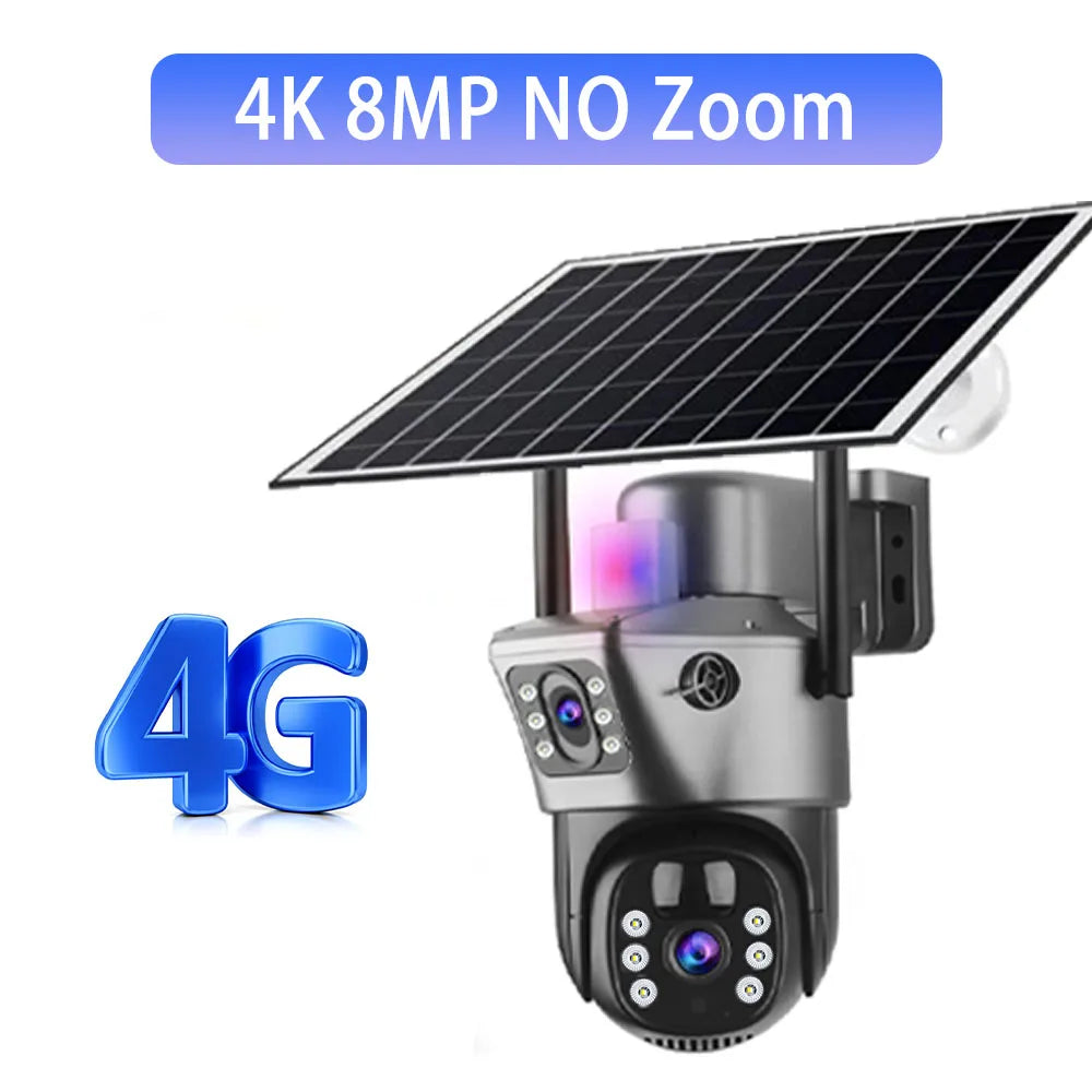 Solar Outdoor Surveillance Camera 4G Sim 6K 12MP Three Lens 10 Digital Zoom Wireless Cctv PTZ IP66 Security Solar Panel Cameras