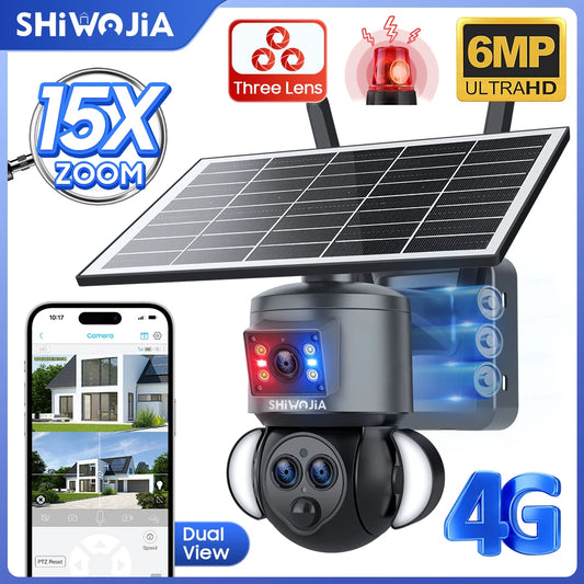 SHIWOJIA Solar Camera 4G SIM 12MP 15X Zoom Security Outdoor 3Lens Dual Screen Recording Humanoid Tracking Color Night Vision