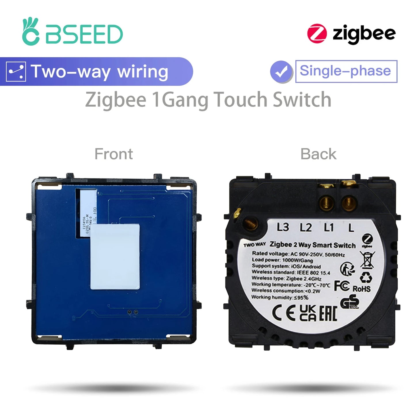 BSEED Zigbee Smart Switch 1/2/3Gang Touch Light Switch 2Way Function Part Smart Home Tuya Alexa Control Without Glass Panel