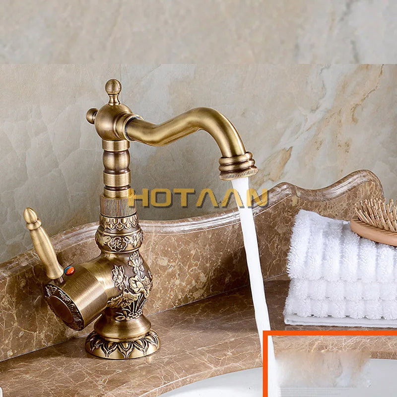 Luxury Antique Bronze Copper Carving Deck Mounted Kitchen Faucet Bathroom Basin Faucet Sink Faucet Mixer Hot and Cold Water Tap