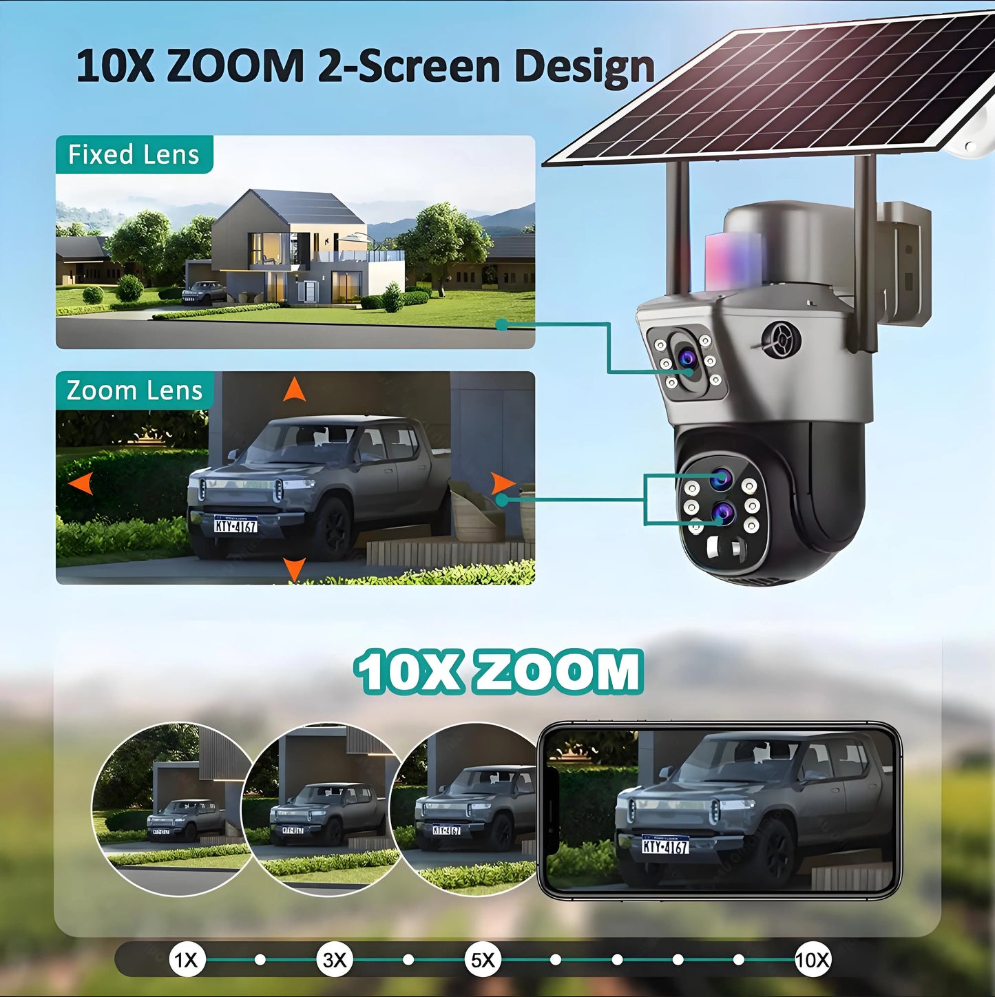 Solar Outdoor Surveillance Camera 4G Sim 6K 12MP Three Lens 10 Digital Zoom Wireless Cctv PTZ IP66 Security Solar Panel Cameras