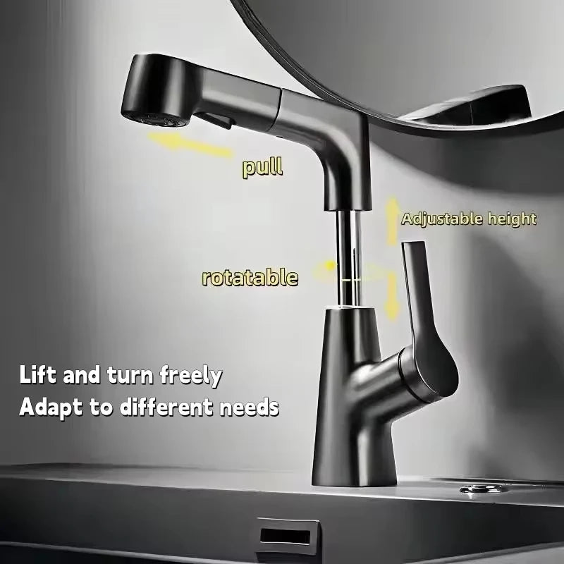 Pull Out Lift Kitchen Faucet 360° Rotatable Bathroom Basin Faucet Stainless Steel Kitchen Sink Faucet with Pull Out Sprayer