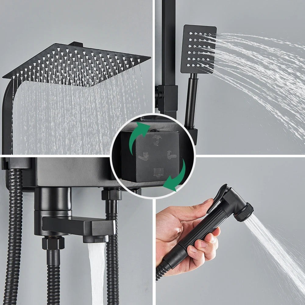 Rozin Rainfall Bathroom Shower Faucet Set With Bidet Mixer Tap Black Wall Mounted Brass Bath Cabin System With Rack,Tub Spout