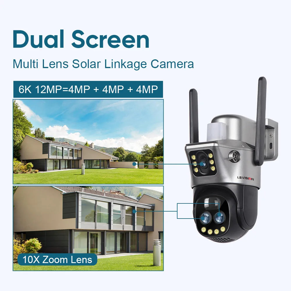 LS VISION 10x Zoom 4G Camera V380 Dual Screen Solar Camera Wifi IP Outdoor Human Detection Night Vision 12MP Security CCTV Cam