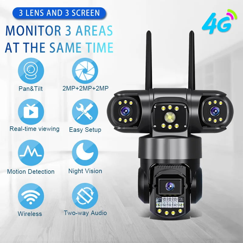 Saikiot V380 Pro Camera PTZ 12MP 3 Lens 3 Screen Outdoor Waterproof 4G WIFI Camera Auto Tracking Color Vision V380 Pro 4G Camera