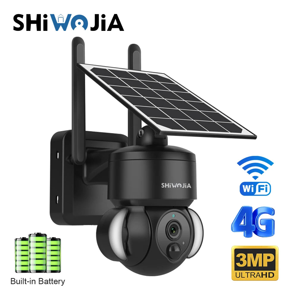 SHIWOJIA Mini Solar Camera 4G /Wifi PTZ 3MP 4X Zoom IP66 Security Cctv Outdoor Wireless Battery Video 2 Way Talk Surveillance