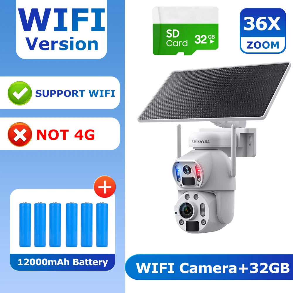 SHIWOJIA 3MP 6MP 36X Zoom Dual Screen Solar Camera Camera Dual PIR Humanoid Tracking Outdoor Security Cameras 12000mA battery