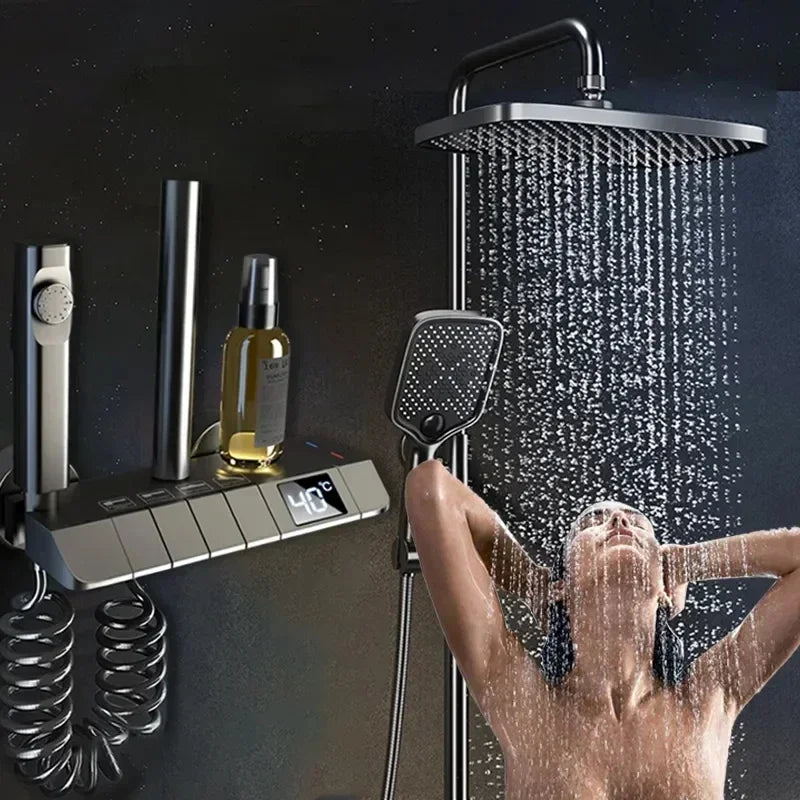 Bathroom Shower Faucet Set 4 Functions Digital Display Shower Thermostat Gray Black High Pressure Discharge Copper Taps