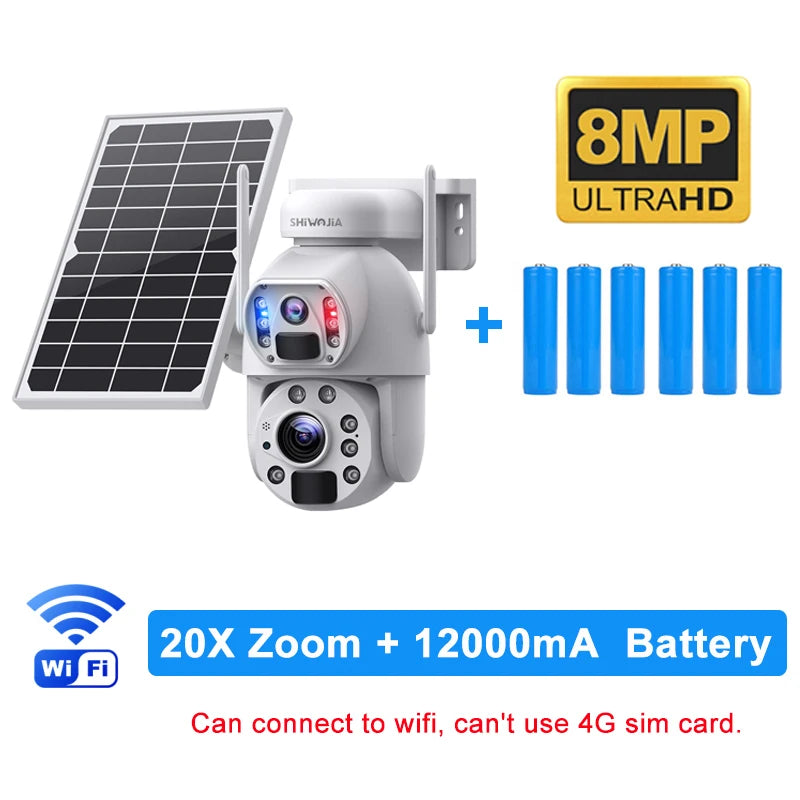 SHIWOJIA 4K 8MP 4G Solar Camera 20X Zoom Dual Lens Recording Humanoid Tracking Outdoor WIFI Camera Metal Waterproof CCTV 12000mA