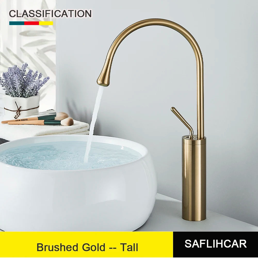 New Brushed Gold Bathroom Basin Faucet Single Lever 360 Spout Moder Brass Hot Cold Mixer Water Sink Tap  For Kitchen