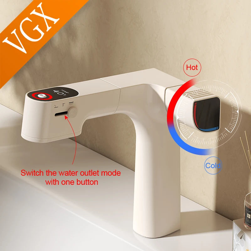 VGX Purified Bathroom Faucets Pull Out Water Filter Tap Basin Mixer Sink Faucet Gourmet LED Temperature Tap  Brass Tapware Crane