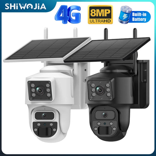 SHIWOJIA 4K 8MP Solar Camera 4GSim Dual Lens Dual Screen Recording Humanoid Tracking Color Night Vision Outdoor Security CCTV