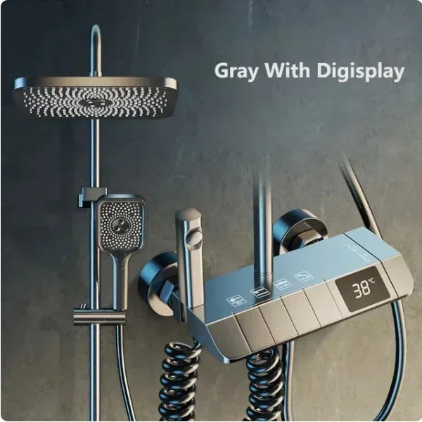 Bathroom Shower Faucet Set 4 Functions Digital Display Shower Thermostat Gray Black High Pressure Discharge Copper Taps