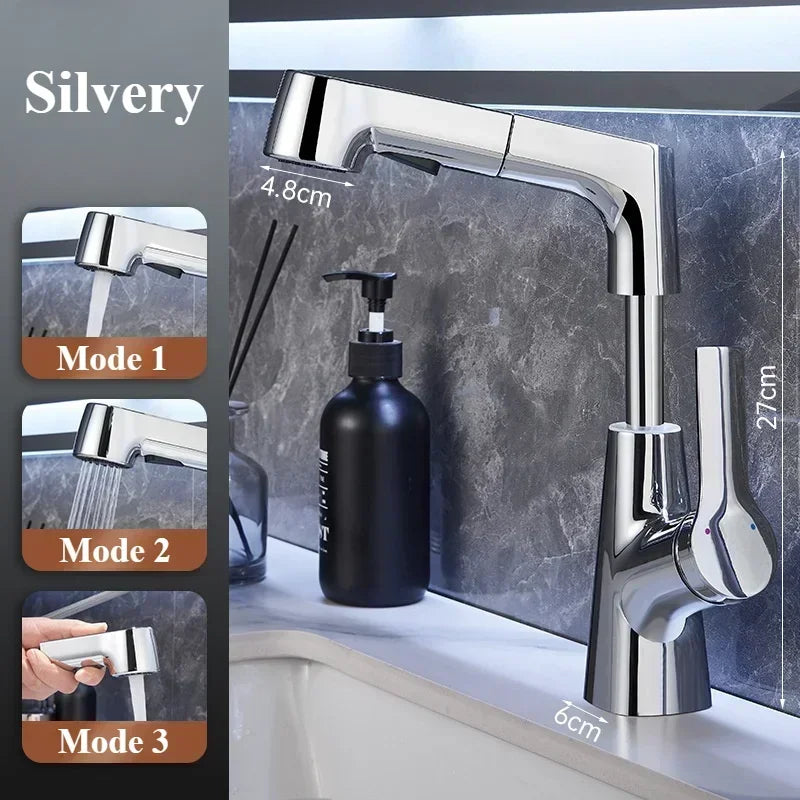 Pull Out Lift Kitchen Faucet 360° Rotatable Bathroom Basin Faucet Stainless Steel Kitchen Sink Faucet with Pull Out Sprayer