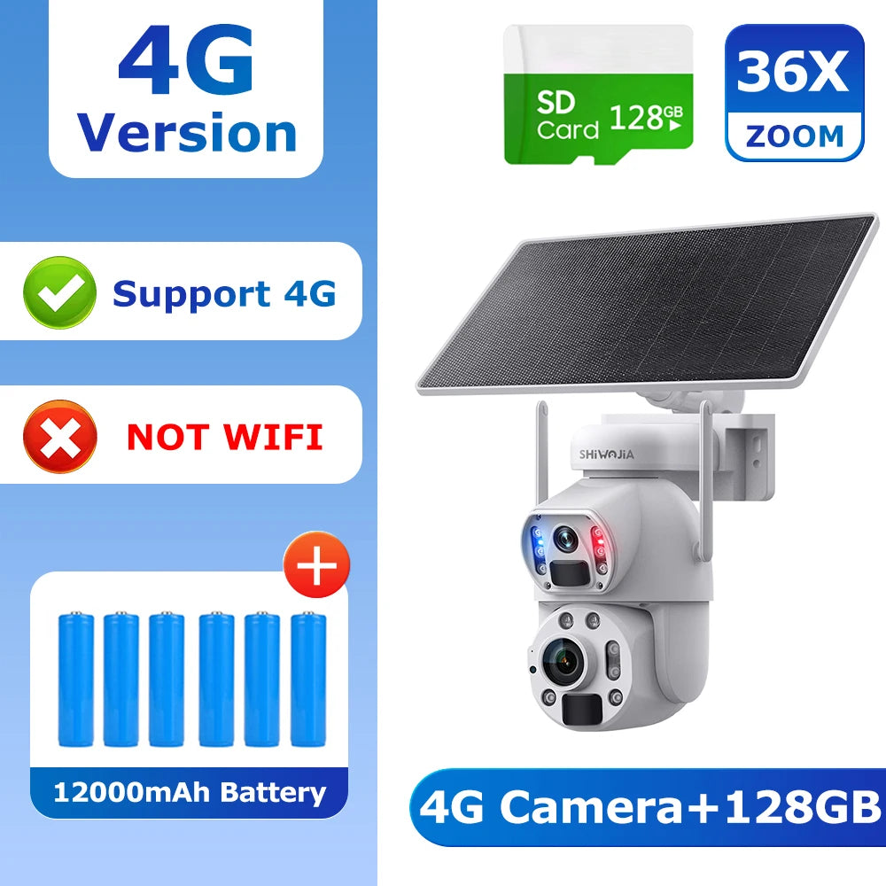 SHIWOJIA 3MP 6MP 36X Zoom Dual Screen Solar Camera Camera Dual PIR Humanoid Tracking Outdoor Security Cameras 12000mA battery