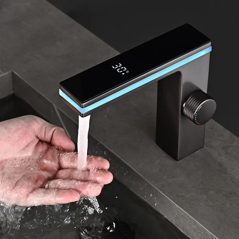 Digital Display Bathroom Basin Faucet Intelligent LED Brass Deck Mounted Washbasin Crane Hot Cold Water Mixer Sink Vanity Tap