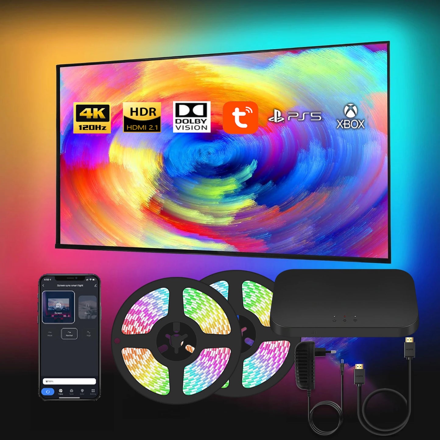 Smart Ambient TV Led Backlight And HDMI 2.1/2.0 Sync Box Led Strip Lights Kit Tuya Wifi Alexa Voice Google Assistant Control