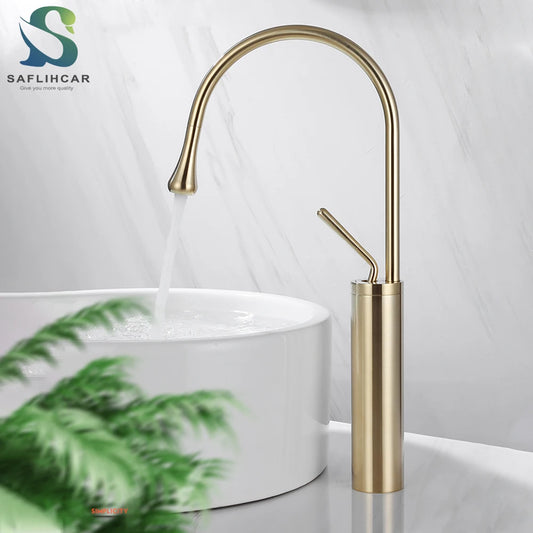 New Brushed Gold Bathroom Basin Faucet Single Lever 360 Spout Moder Brass Hot Cold Mixer Water Sink Tap  For Kitchen