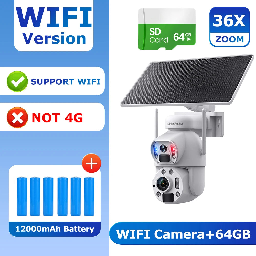 SHIWOJIA 3MP 6MP 36X Zoom Dual Screen Solar Camera Camera Dual PIR Humanoid Tracking Outdoor Security Cameras 12000mA battery