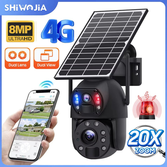 SHIWOJIA 4K 8MP 4G Solar Camera 20X Zoom Dual Lens Recording Humanoid Tracking Outdoor WIFI Camera Metal Waterproof CCTV 12000mA