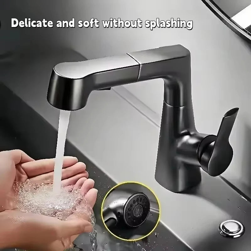 Pull Out Lift Kitchen Faucet 360° Rotatable Bathroom Basin Faucet Stainless Steel Kitchen Sink Faucet with Pull Out Sprayer