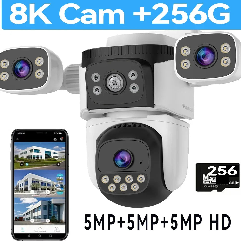 15MP UHD WiFi6 Camera 8K Three Screen Wireless Surveillance Cam Outdoor PTZ Auto Tracking Waterproof CCTV Security IP Camera