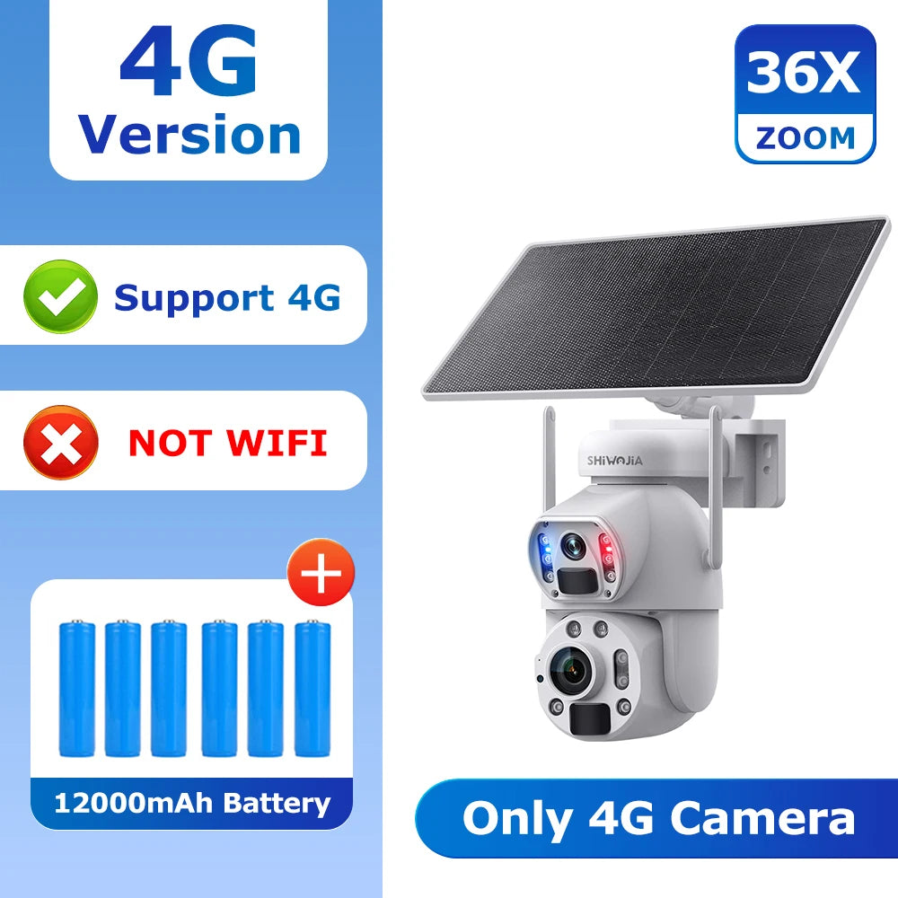 SHIWOJIA 3MP 6MP 36X Zoom Dual Screen Solar Camera Camera Dual PIR Humanoid Tracking Outdoor Security Cameras 12000mA battery