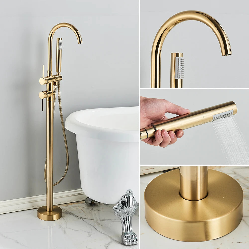 Rozin Brushed Gold Bathroom Faucet Floor Mounted Freestanding Bathtub Shower Mixer Taps Hot Cold Water Crane with Handshower