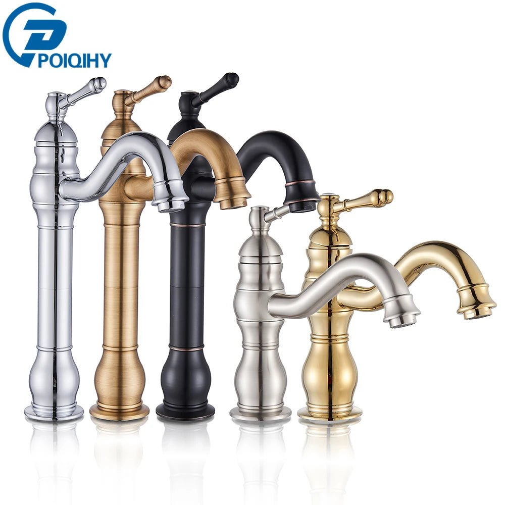 POIQIHY Antique Brass Basin Vessel Sink Faucet Deck Mounted One Hole Cold Hot Water Cold Hot Mixer Tap Bathroom Faucet  1 Hole