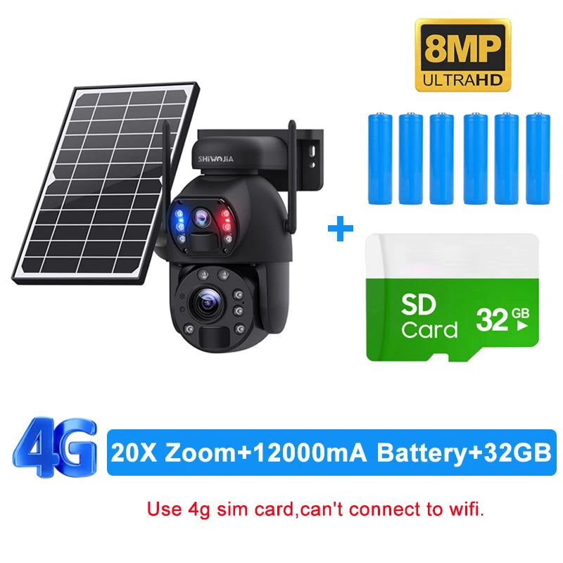 SHIWOJIA 4K 8MP 4G Solar Camera 20X Zoom Dual Lens Recording Humanoid Tracking Outdoor WIFI Camera Metal Waterproof CCTV 12000mA