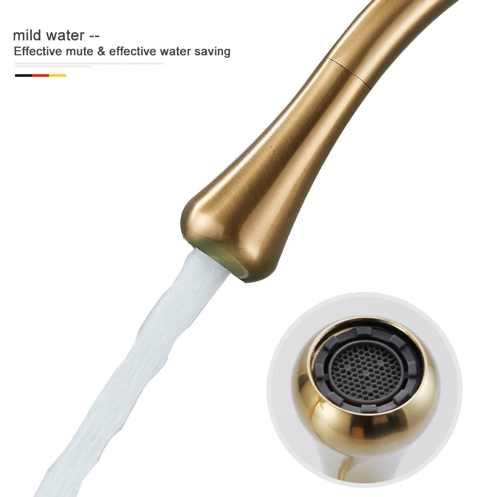 New Brushed Gold Bathroom Basin Faucet Single Lever 360 Spout Moder Brass Hot Cold Mixer Water Sink Tap  For Kitchen