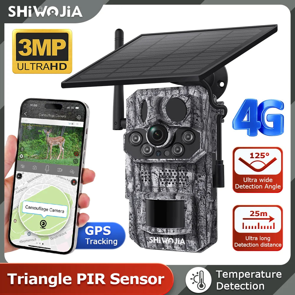 SHIWOJI 4G SIM Solar Camera GPS Positioning Security Outdoor Power Cctv IP66 Wireless 2 Way Talk Detect Black Solar IP Cam