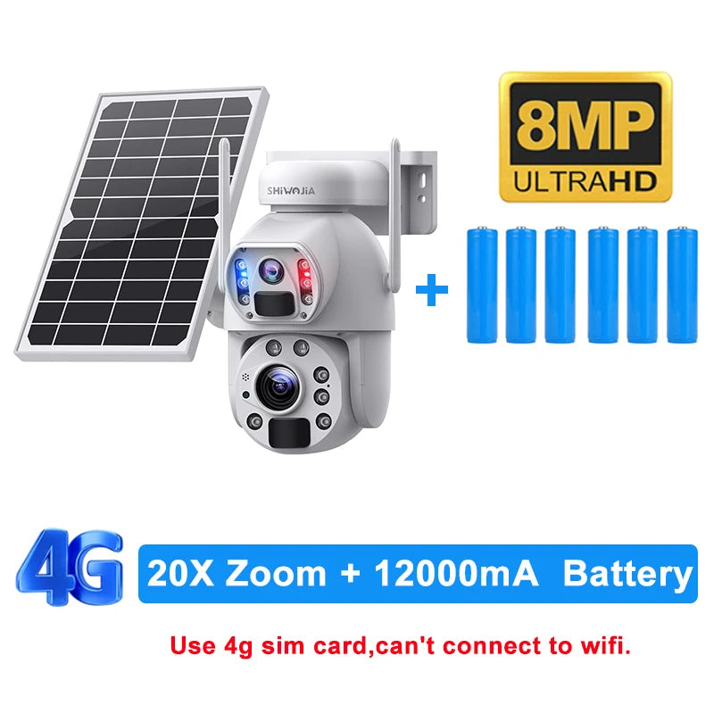 SHIWOJIA 4K 8MP 4G Solar Camera 20X Zoom Dual Lens Recording Humanoid Tracking Outdoor WIFI Camera Metal Waterproof CCTV 12000mA