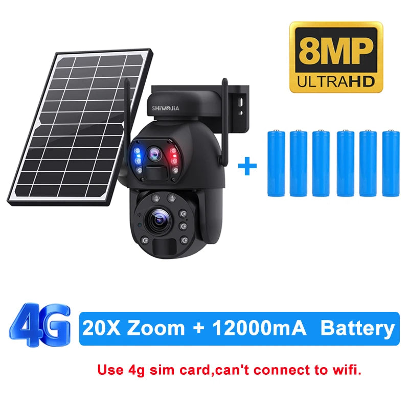 SHIWOJIA 4K 8MP 4G Solar Camera 20X Zoom Dual Lens Recording Humanoid Tracking Outdoor WIFI Camera Metal Waterproof CCTV 12000mA