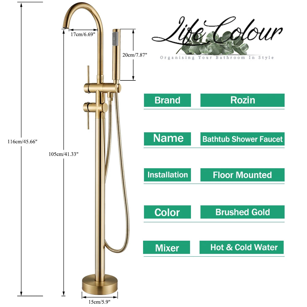 Rozin Brushed Gold Bathroom Faucet Floor Mounted Freestanding Bathtub Shower Mixer Taps Hot Cold Water Crane with Handshower