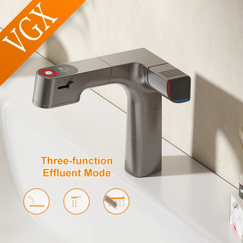 VGX Purified Bathroom Faucets Pull Out Water Filter Tap Basin Mixer Sink Faucet Gourmet LED Temperature Tap  Brass Tapware Crane