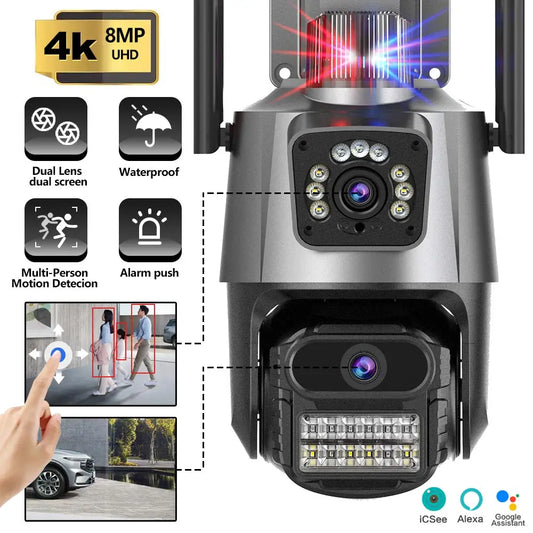 4K 8MP Wifi Camera Dual Lens Security Protection Waterproof Security CCTV Video Surveillance Camera Police Light Alarm IP Camera