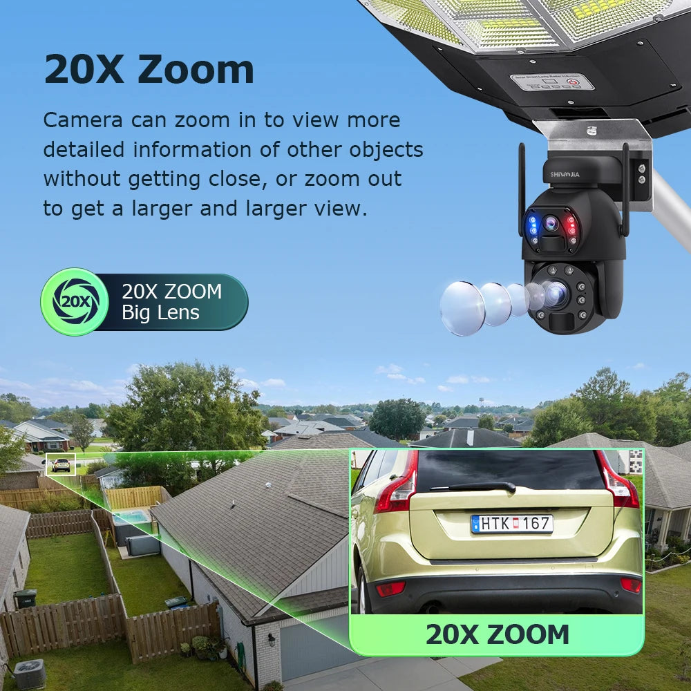 SHIWOJIA 4G Street Light Camera 3k 6MP 20X Zoom Dual Lens Recording Humanoid Tracking Outdoor WIFI Camera Metal Waterproof UBox