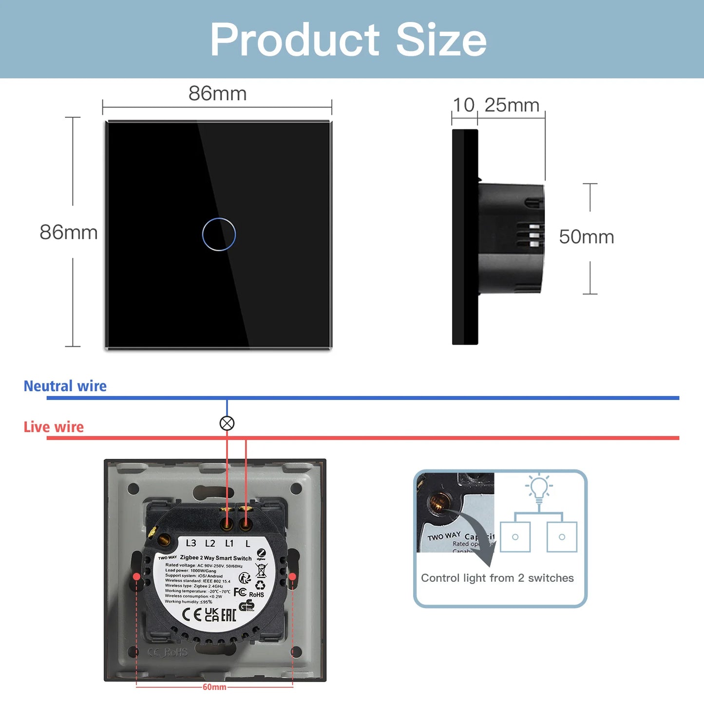 BSEED Zigbee Smart Switch 1/2/3Gang Touch Light Switch 2Way Function Part Smart Home Tuya Alexa Control Without Glass Panel