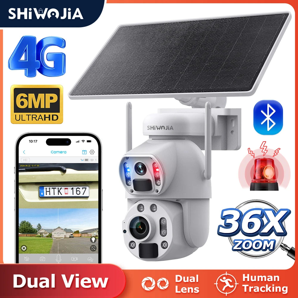 SHIWOJIA 3MP 6MP 36X Zoom Dual Screen Solar Camera Camera Dual PIR Humanoid Tracking Outdoor Security Cameras 12000mA battery