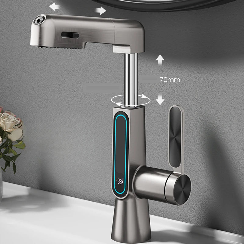 Gunmetal Grey Digital Display Pull-out Washbasin Faucet Lift Multi-function Household Bathroom Hot and Cold Washbasin Faucet