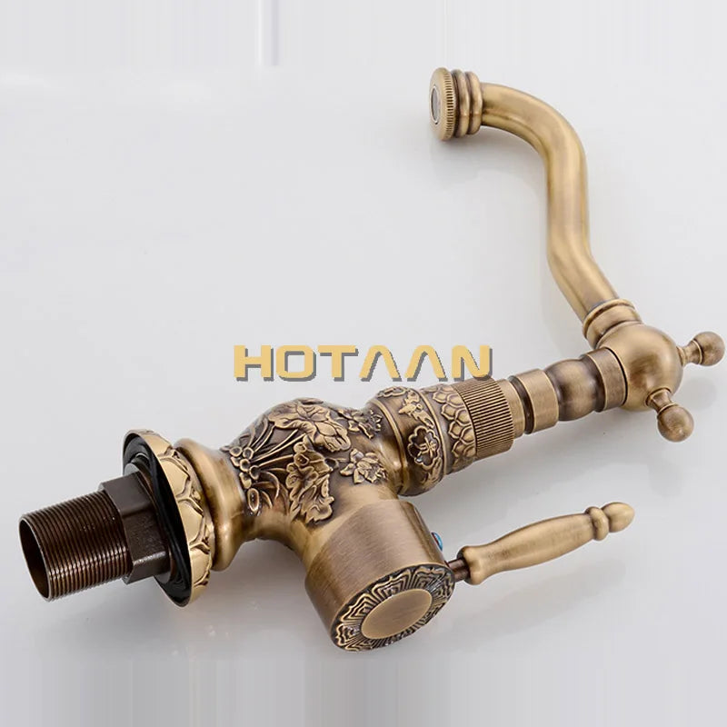 Luxury Antique Bronze Copper Carving Deck Mounted Kitchen Faucet Bathroom Basin Faucet Sink Faucet Mixer Hot and Cold Water Tap